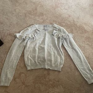 TAHARI grey sweater ruffle & stud detail on shoulder. Med 10-12 in girls. EUC!